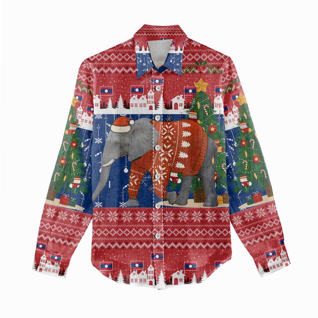 Laos Christmas Women Casual Shirt with Festive Elephant Design and Holiday Village Pattern - Wonder Print Shop
