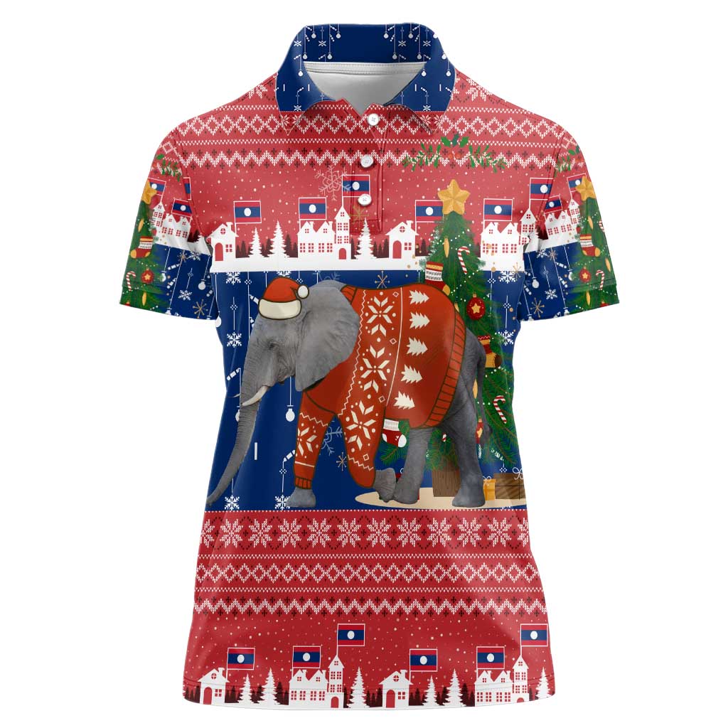 Laos Christmas Women Polo Shirt with Festive Elephant Design and Holiday Village Pattern - Wonder Print Shop