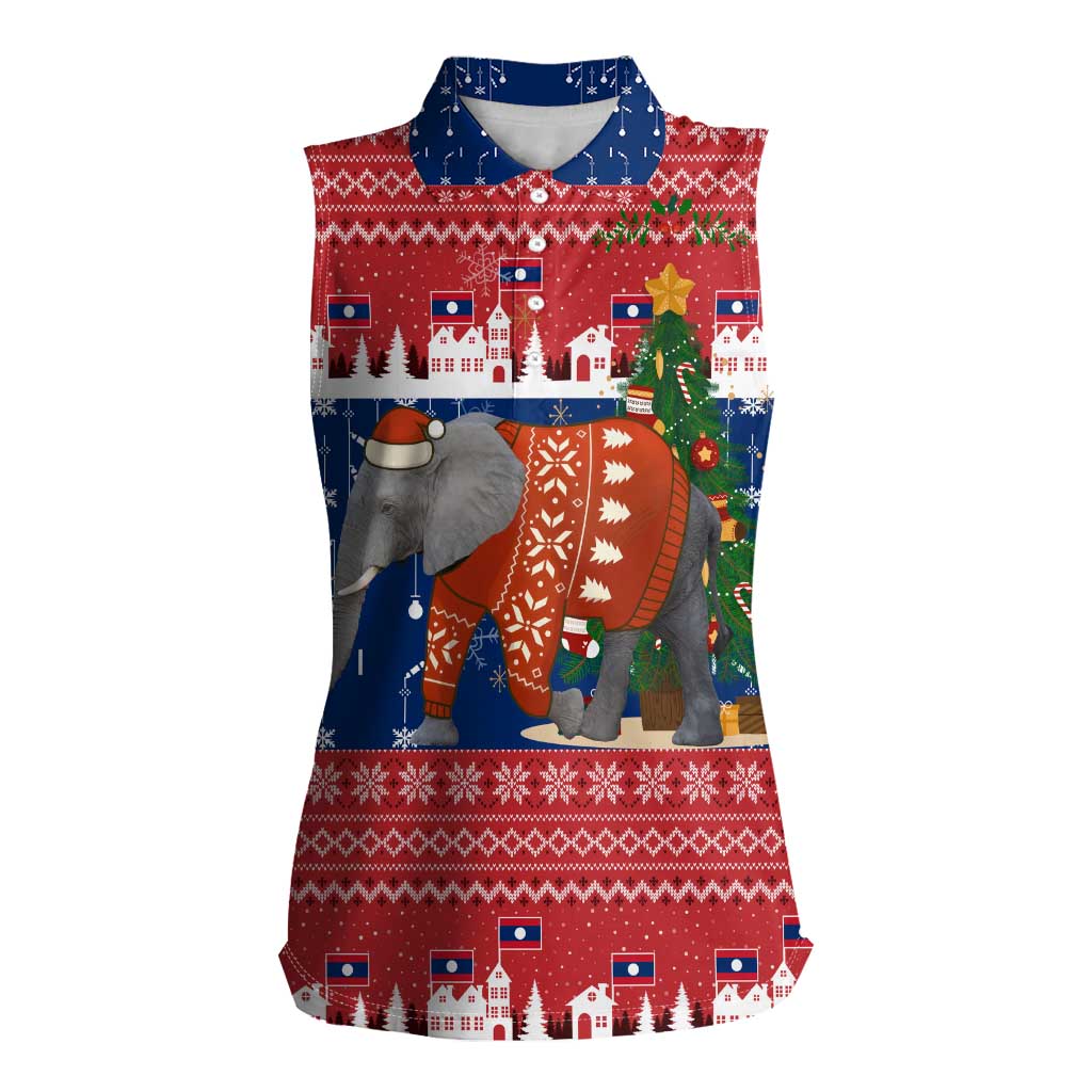 Laos Christmas Women Sleeveless Polo Shirt with Festive Elephant Design and Holiday Village Pattern - Wonder Print Shop