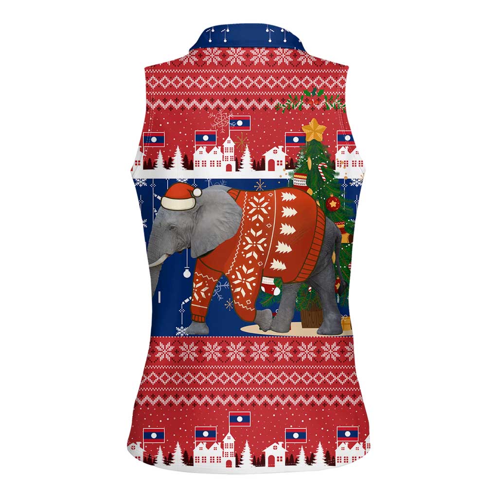 Laos Christmas Women Sleeveless Polo Shirt with Festive Elephant Design and Holiday Village Pattern - Wonder Print Shop