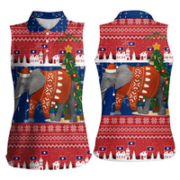 Laos Christmas Women Sleeveless Polo Shirt with Festive Elephant Design and Holiday Village Pattern - Wonder Print Shop