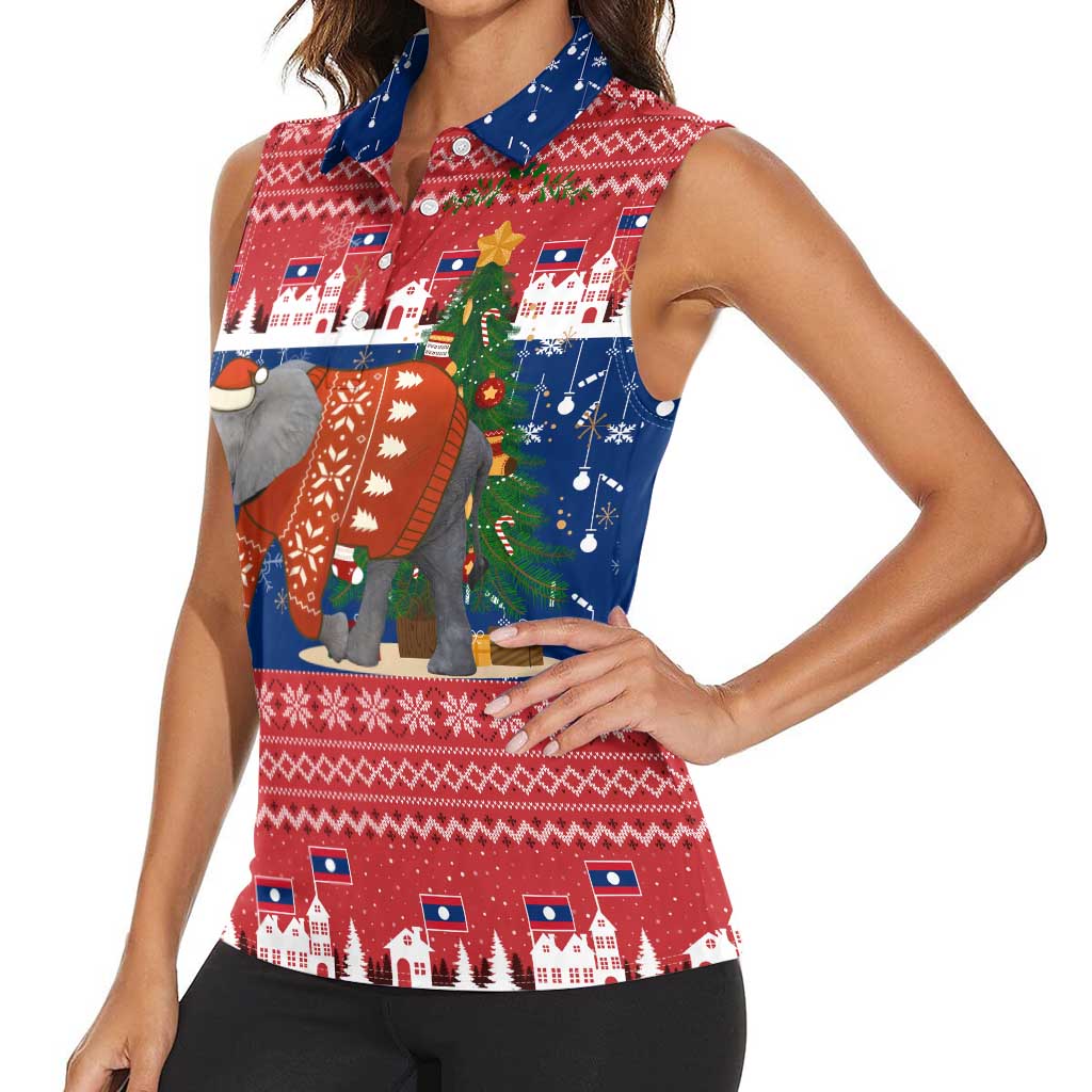 Laos Christmas Women Sleeveless Polo Shirt with Festive Elephant Design and Holiday Village Pattern - Wonder Print Shop