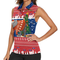 Laos Christmas Women Sleeveless Polo Shirt with Festive Elephant Design and Holiday Village Pattern - Wonder Print Shop