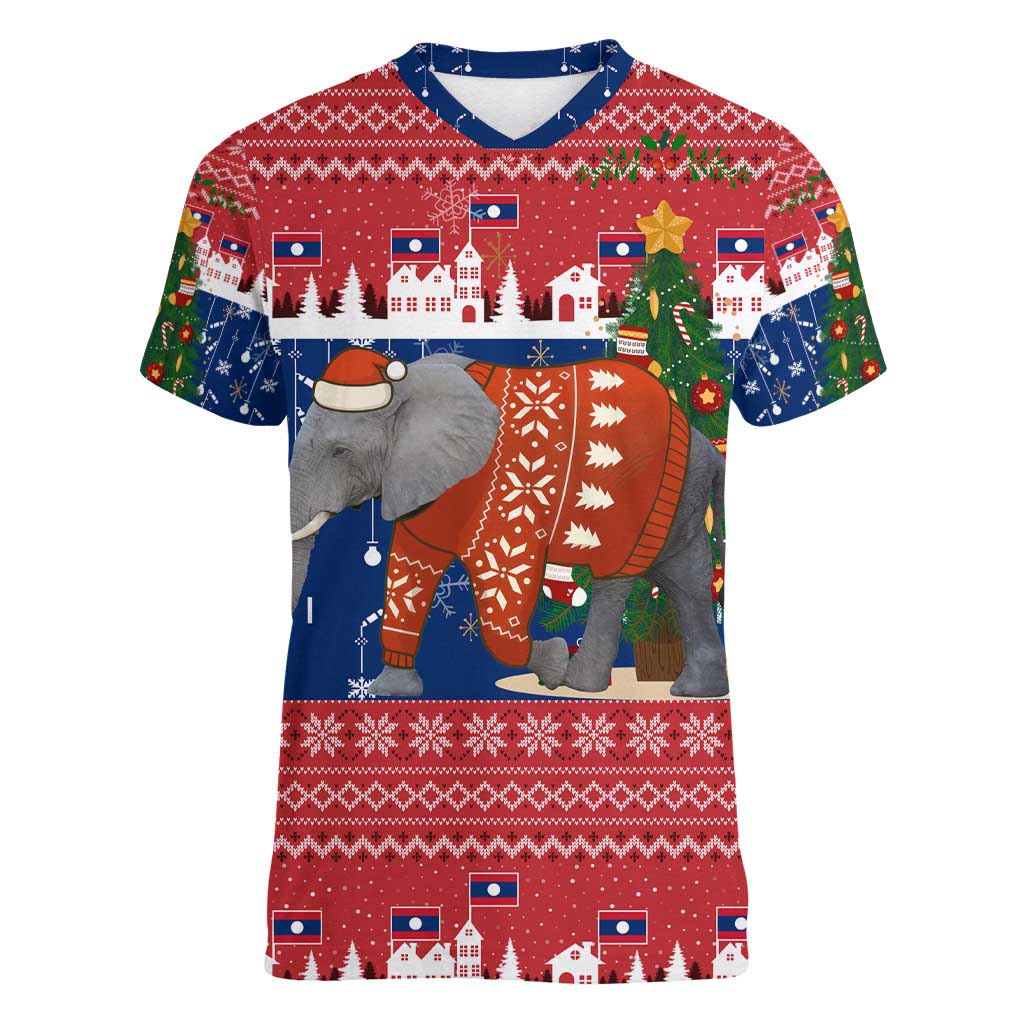 Laos Christmas Women V-Neck T-Shirt with Festive Elephant Design and Holiday Village Pattern - Wonder Print Shop
