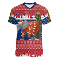 Laos Christmas Women V-Neck T-Shirt with Festive Elephant Design and Holiday Village Pattern - Wonder Print Shop