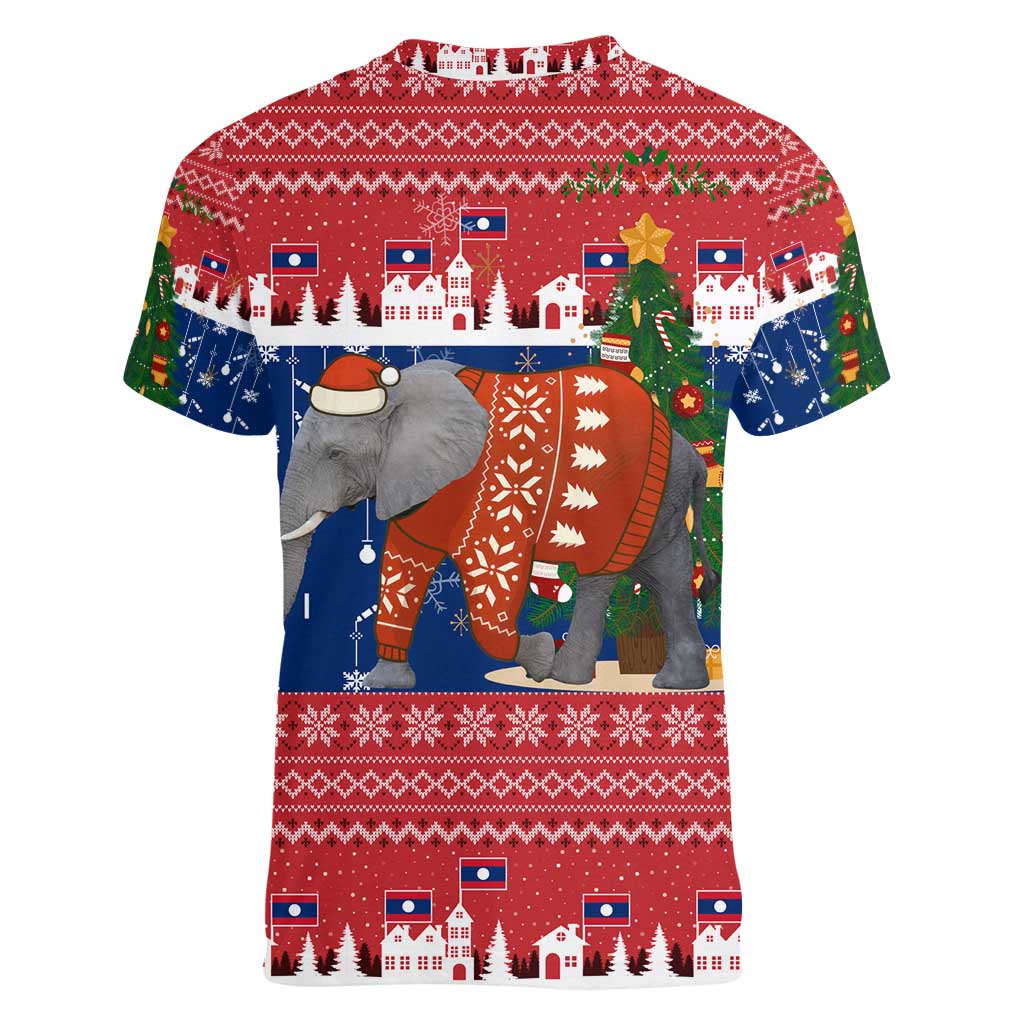 Laos Christmas Women V-Neck T-Shirt with Festive Elephant Design and Holiday Village Pattern - Wonder Print Shop