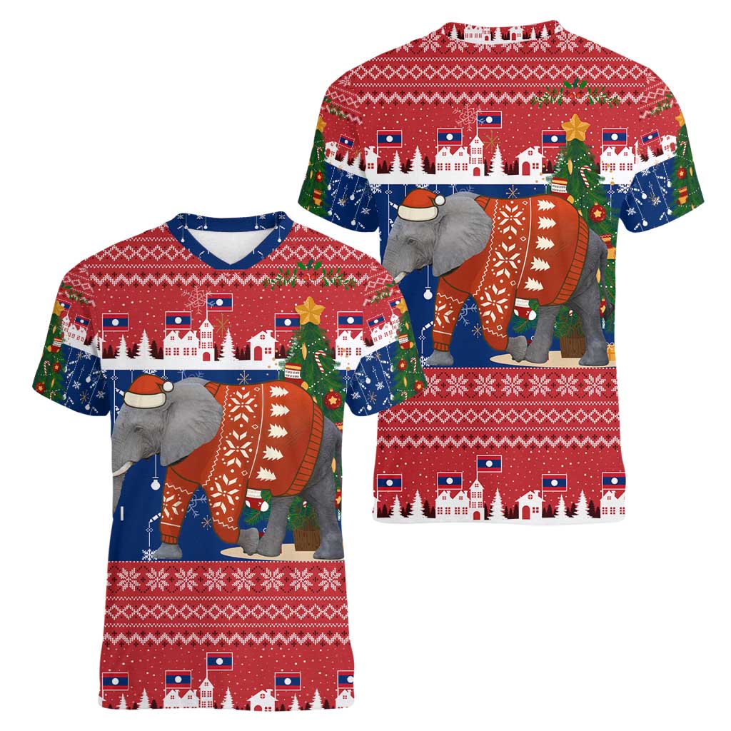 Laos Christmas Women V-Neck T-Shirt with Festive Elephant Design and Holiday Village Pattern - Wonder Print Shop