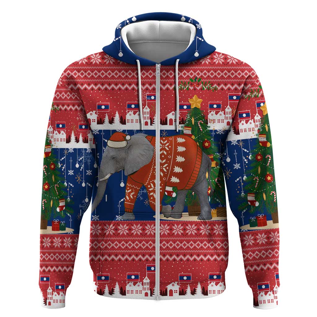 Laos Christmas Zip Hoodie with Festive Elephant Design and Holiday Village Pattern - Wonder Print Shop
