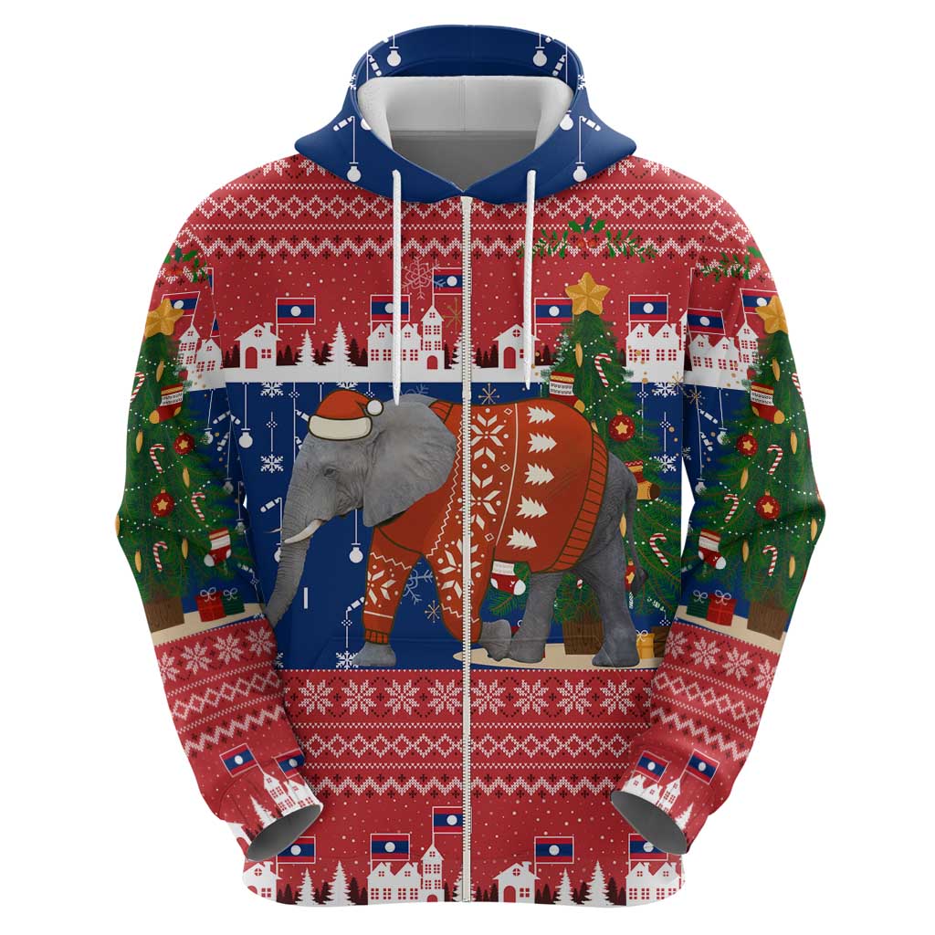 Laos Christmas Zip Hoodie with Festive Elephant Design and Holiday Village Pattern - Wonder Print Shop
