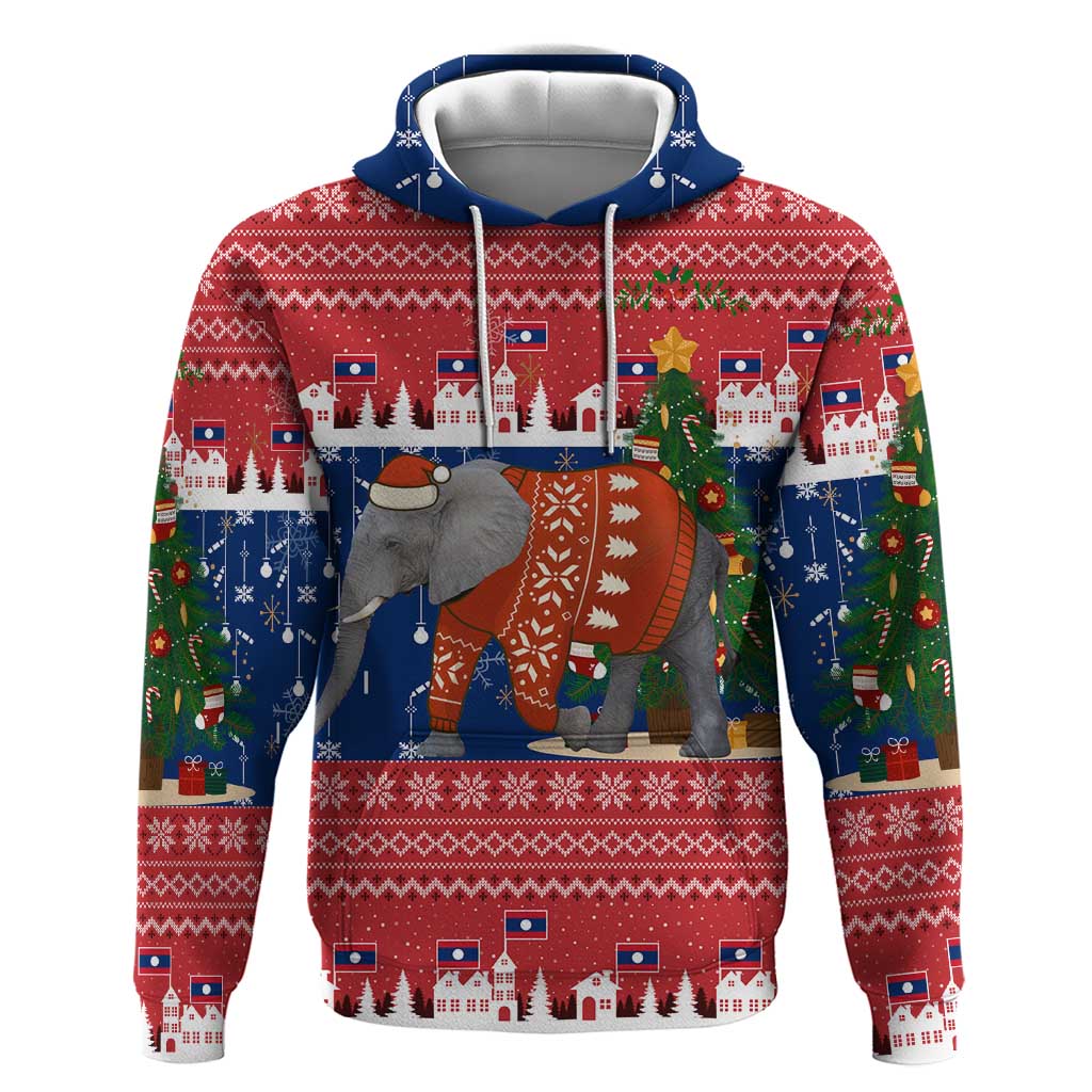 Laos Christmas Zip Hoodie with Festive Elephant Design and Holiday Village Pattern - Wonder Print Shop