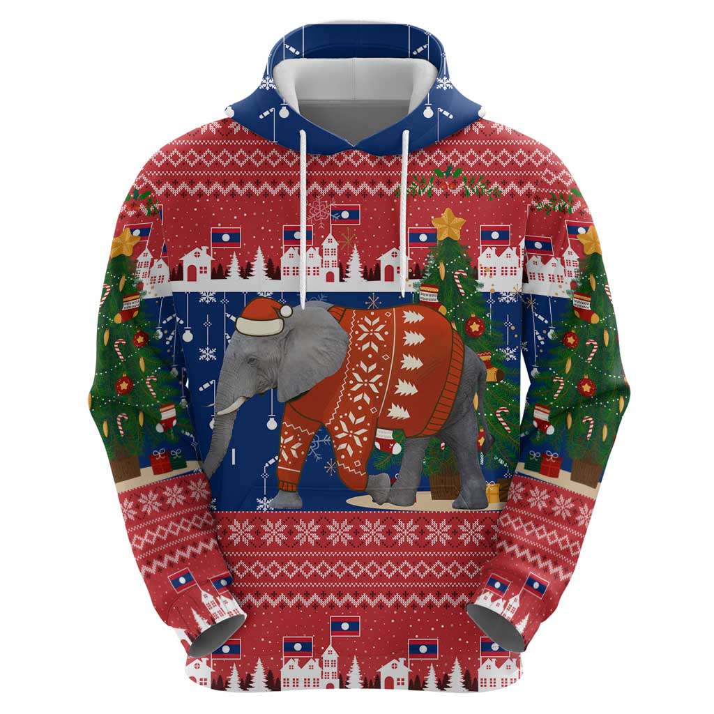Laos Christmas Zip Hoodie with Festive Elephant Design and Holiday Village Pattern - Wonder Print Shop