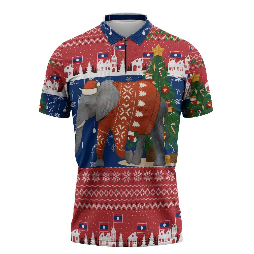 Laos Christmas Zipper Polo Shirt with Festive Elephant Design and Holiday Village Pattern - Wonder Print Shop