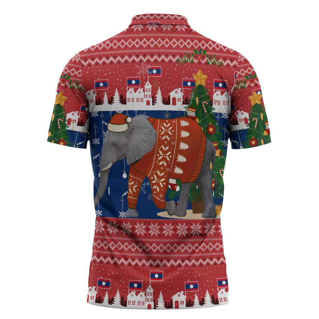 Laos Christmas Zipper Polo Shirt with Festive Elephant Design and Holiday Village Pattern - Wonder Print Shop