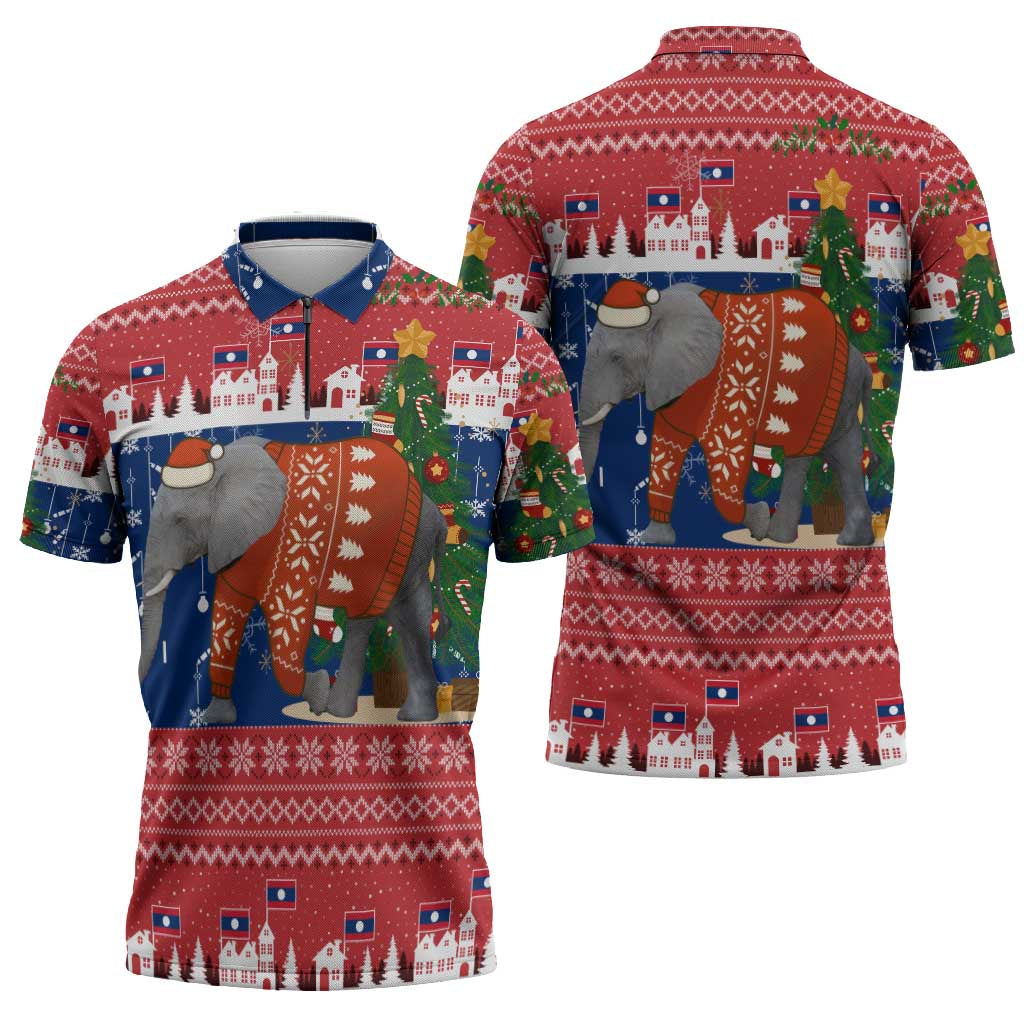 Laos Christmas Zipper Polo Shirt with Festive Elephant Design and Holiday Village Pattern - Wonder Print Shop