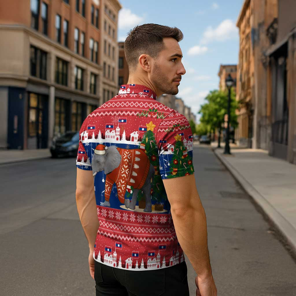 Laos Christmas Zipper Polo Shirt with Festive Elephant Design and Holiday Village Pattern - Wonder Print Shop
