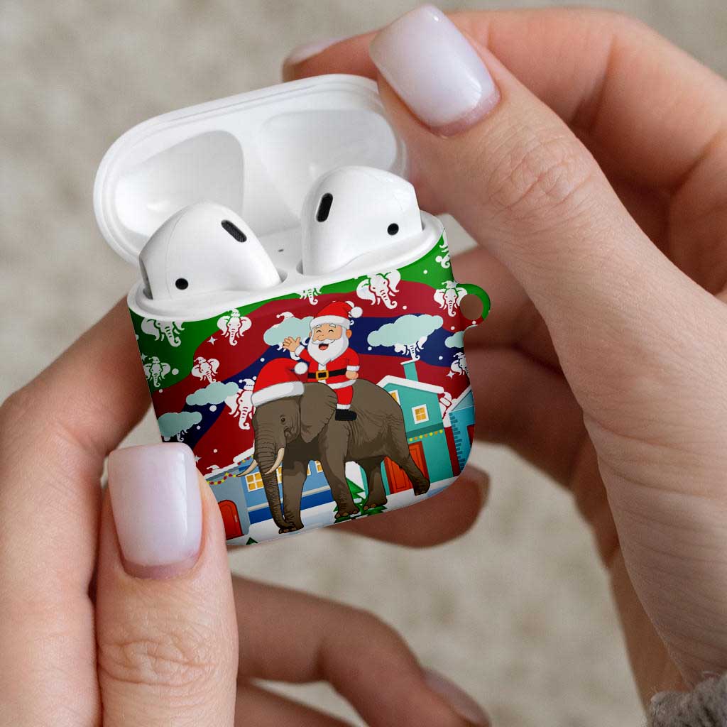 Laos Christmas AirPods Case with Santa Riding Elephant and Festive Flag Pattern - Wonder Print Shop