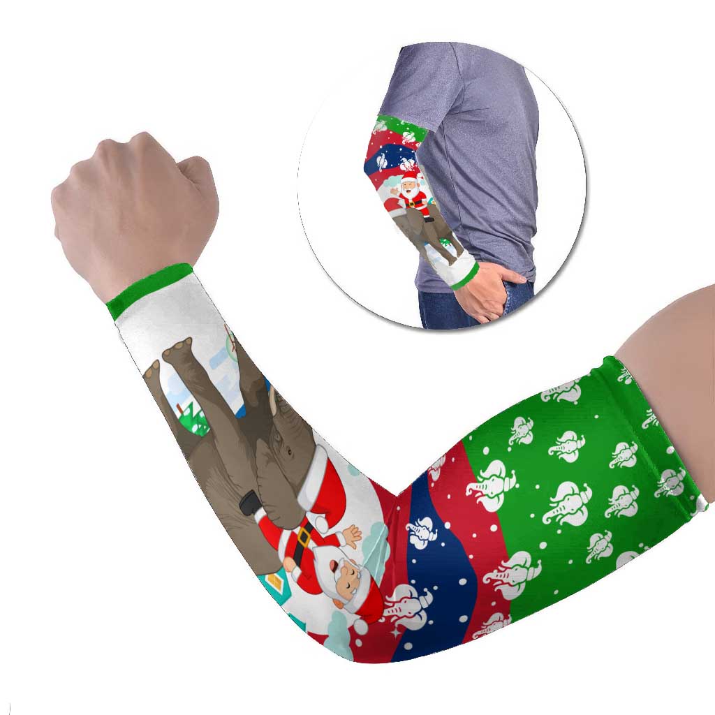 Laos Christmas Arm Sleeves with Santa Riding Elephant and Festive Flag Pattern - Wonder Print Shop