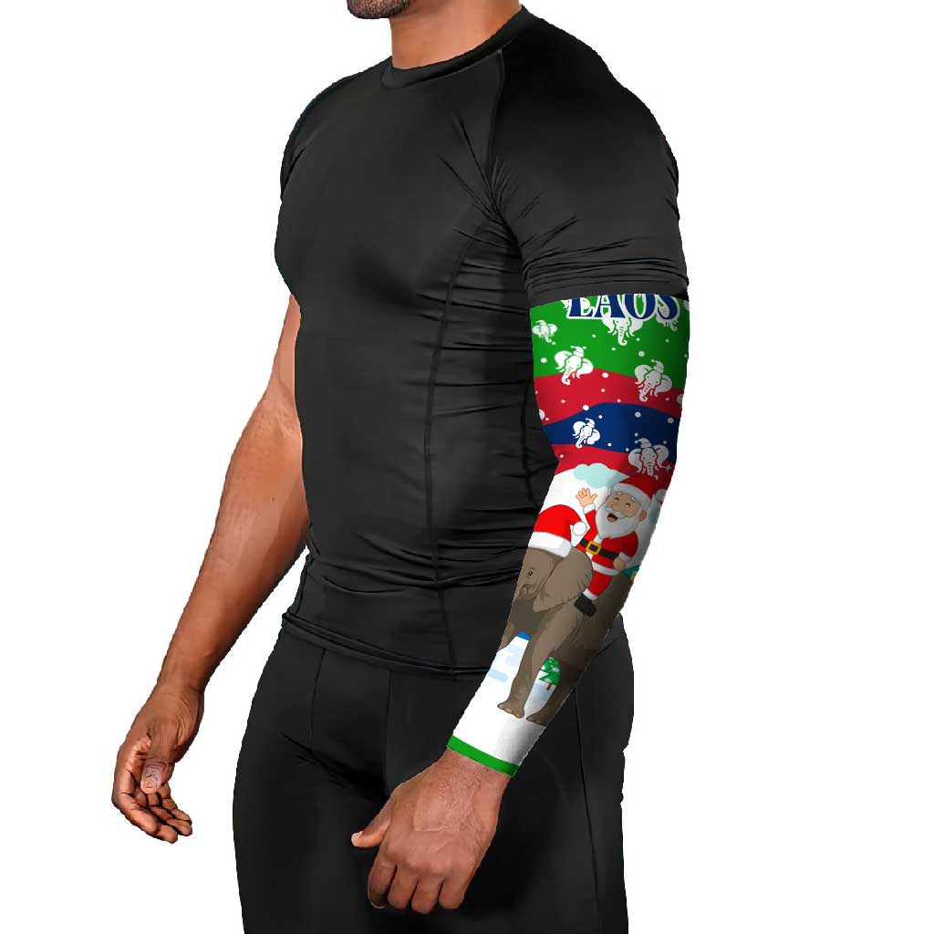 Laos Christmas Arm Sleeves with Santa Riding Elephant and Festive Flag Pattern - Wonder Print Shop