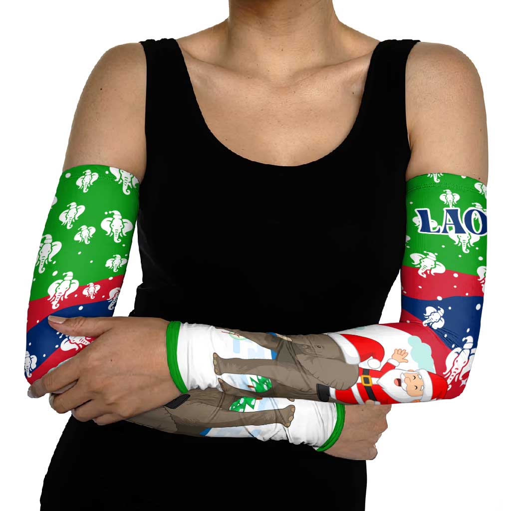 Laos Christmas Arm Sleeves with Santa Riding Elephant and Festive Flag Pattern - Wonder Print Shop