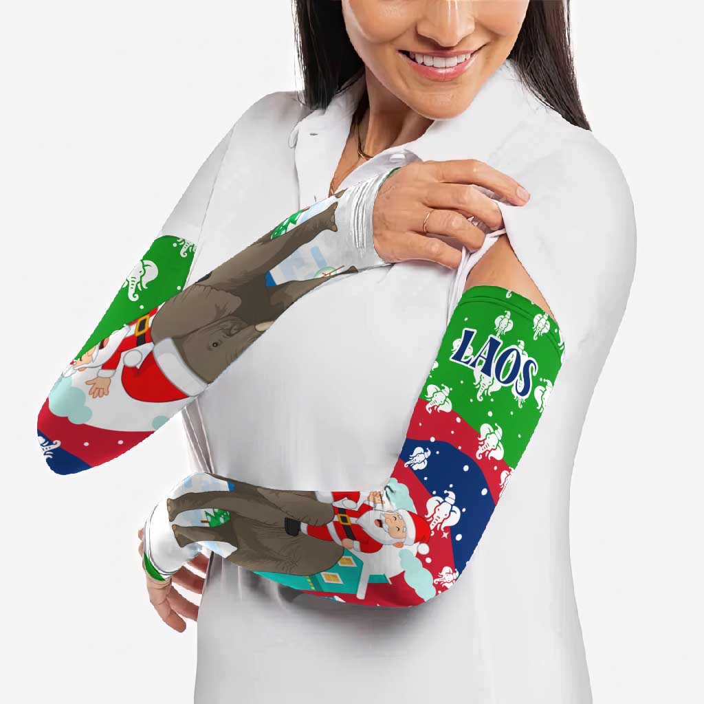 Laos Christmas Arm Sleeves with Santa Riding Elephant and Festive Flag Pattern - Wonder Print Shop