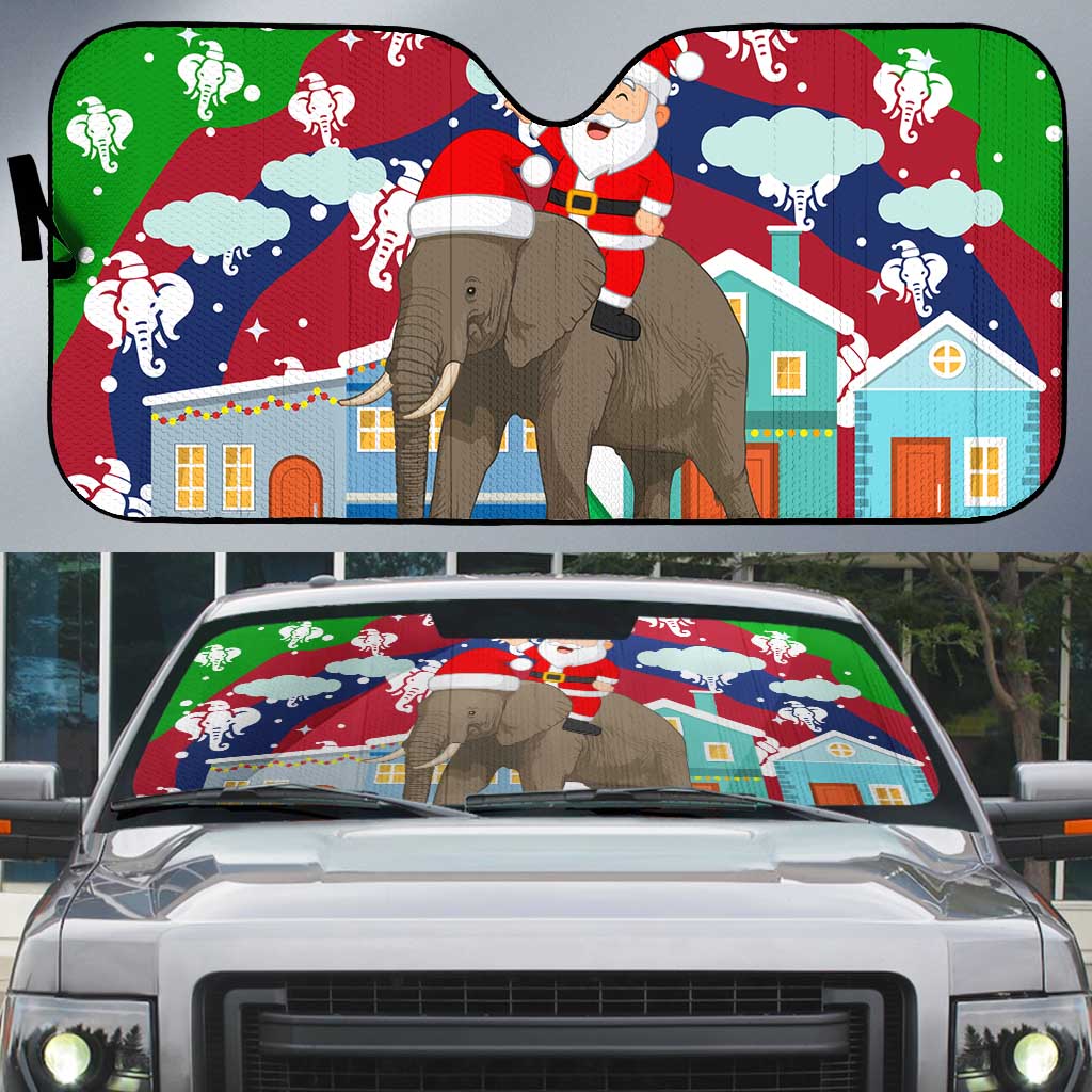 Laos Christmas Auto Sun Shade with Santa Riding Elephant and Festive Flag Pattern - Wonder Print Shop