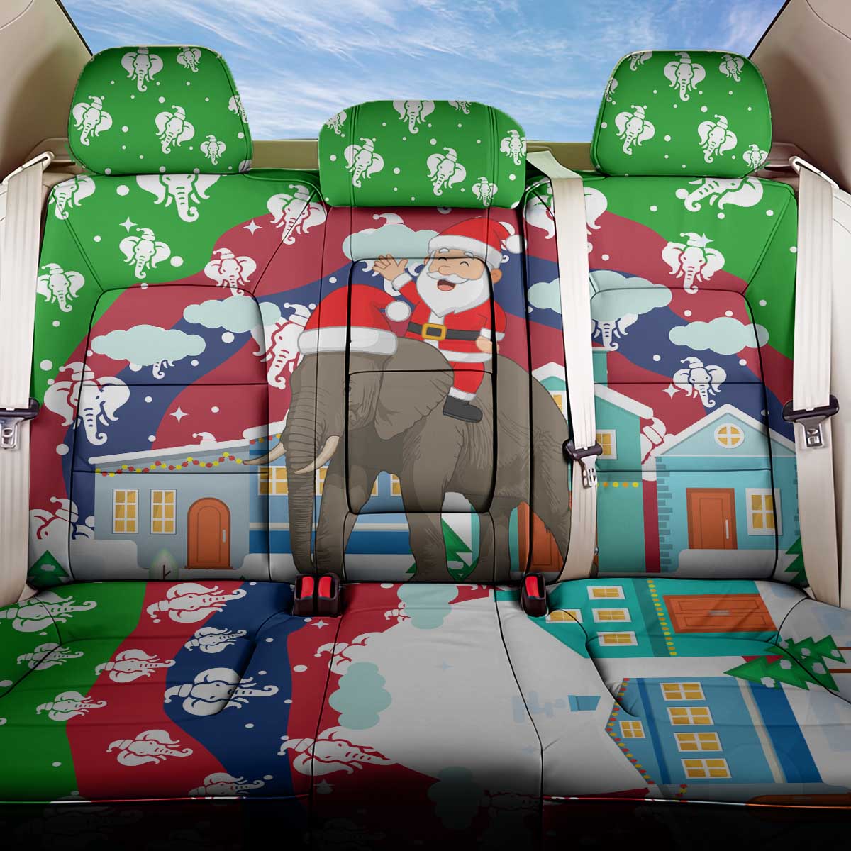 Laos Christmas Back Car Seat Cover with Santa Riding Elephant and Festive Flag Pattern - Wonder Print Shop