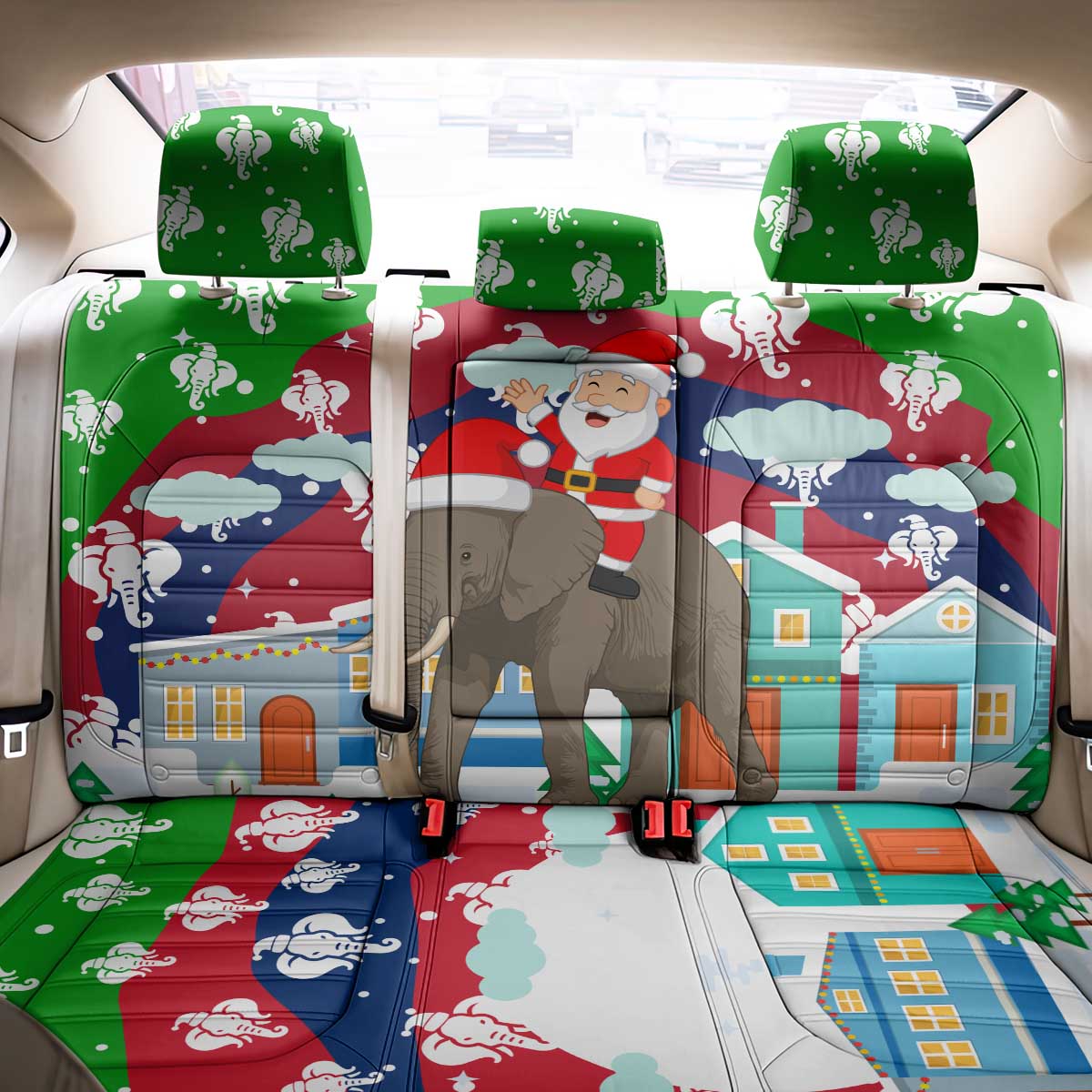 Laos Christmas Back Car Seat Cover with Santa Riding Elephant and Festive Flag Pattern - Wonder Print Shop