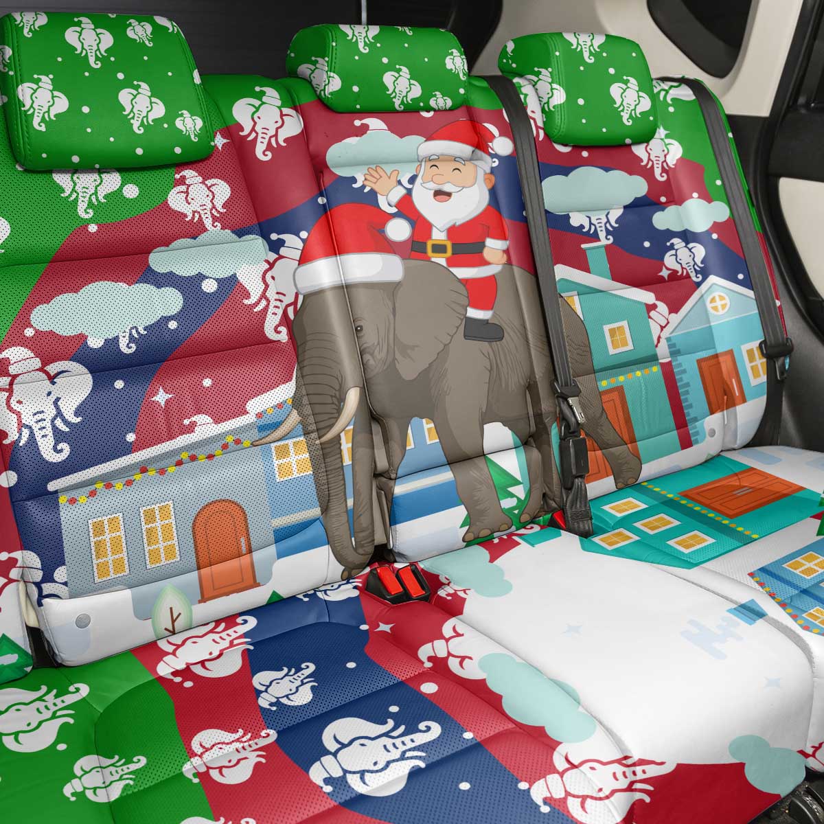Laos Christmas Back Car Seat Cover with Santa Riding Elephant and Festive Flag Pattern - Wonder Print Shop