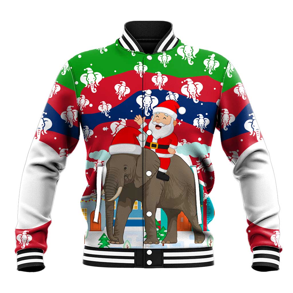 Laos Christmas Baseball Jacket with Santa Riding Elephant and Festive Flag Pattern - Wonder Print Shop