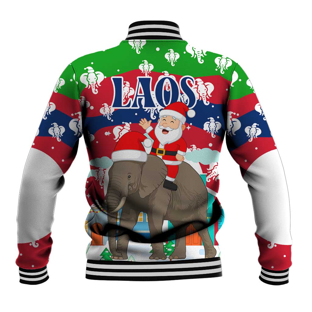 Laos Christmas Baseball Jacket with Santa Riding Elephant and Festive Flag Pattern - Wonder Print Shop
