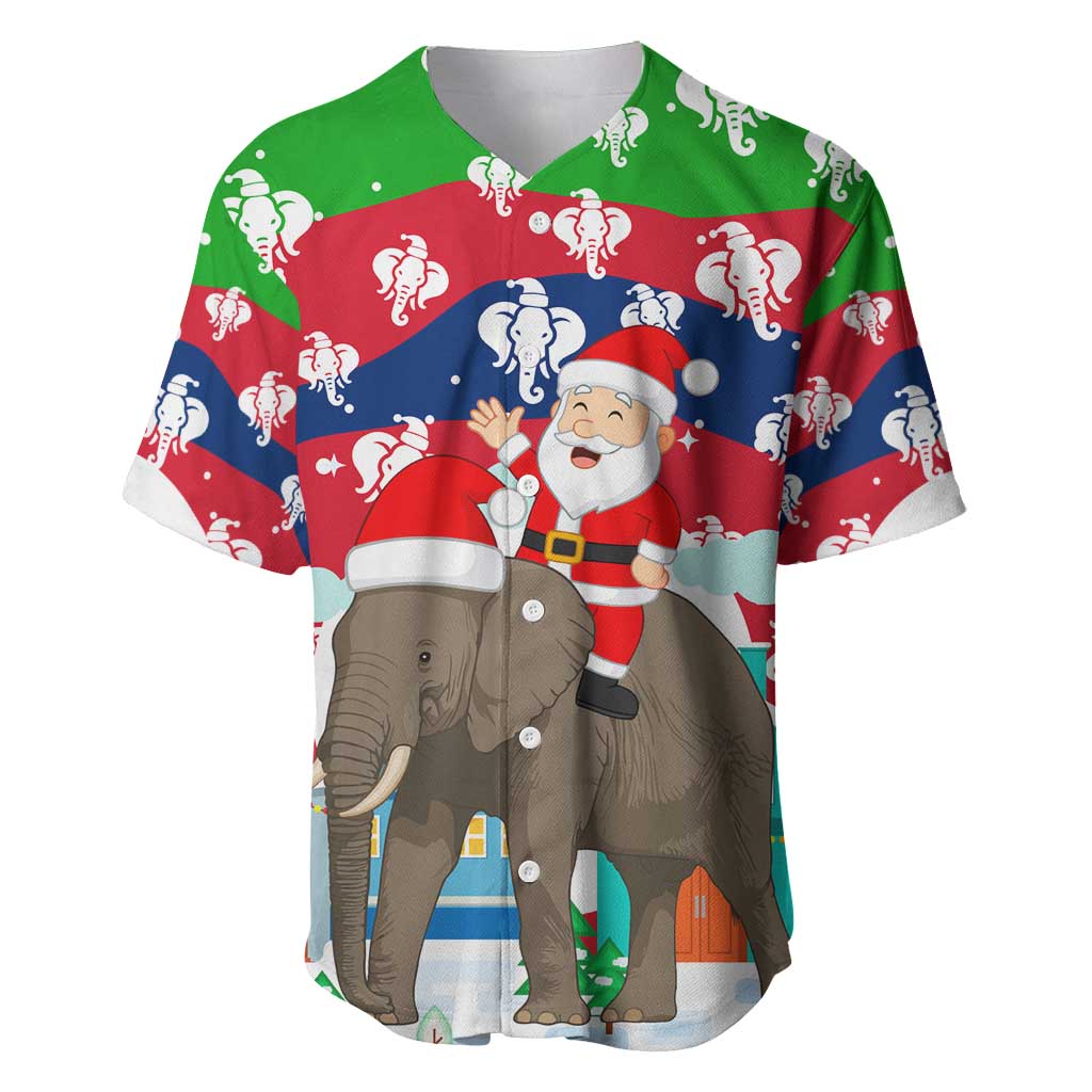 Laos Christmas Baseball Jersey with Santa Riding Elephant and Festive Flag Pattern - Wonder Print Shop