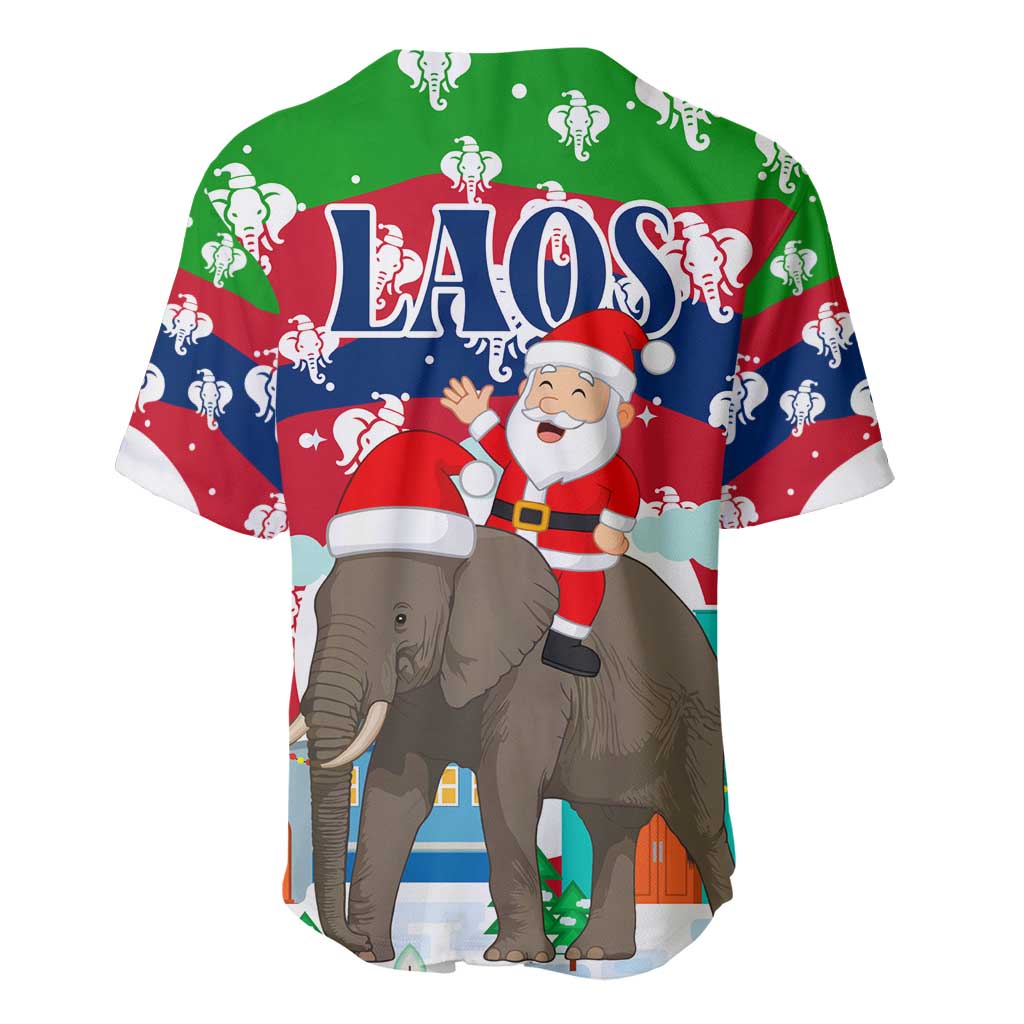 Laos Christmas Baseball Jersey with Santa Riding Elephant and Festive Flag Pattern - Wonder Print Shop