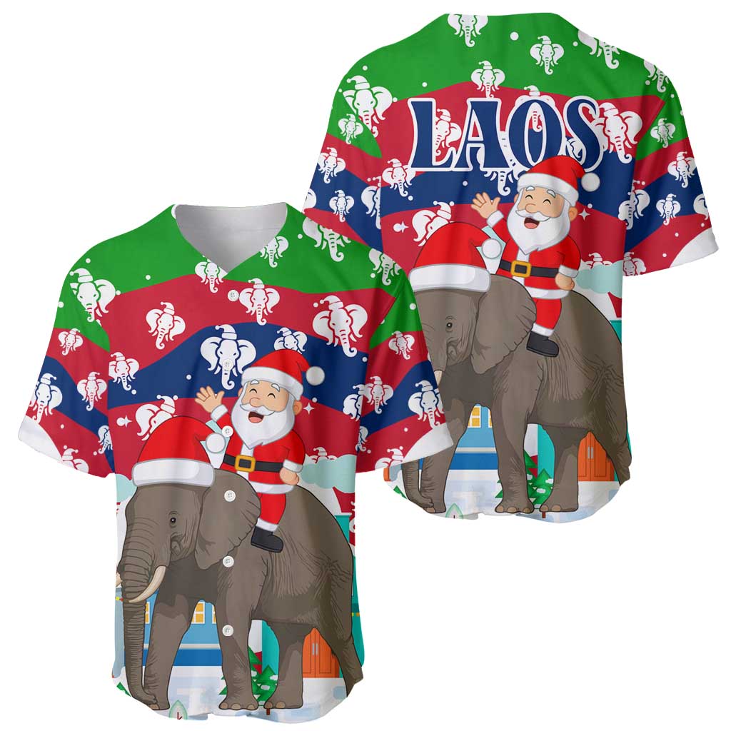 Laos Christmas Baseball Jersey with Santa Riding Elephant and Festive Flag Pattern - Wonder Print Shop