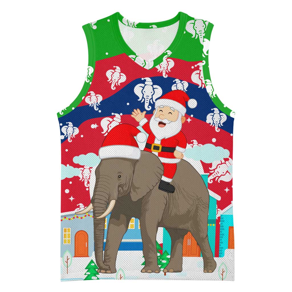 Laos Christmas Basketball Jersey with Santa Riding Elephant and Festive Flag Pattern - Wonder Print Shop