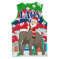 Laos Christmas Basketball Jersey with Santa Riding Elephant and Festive Flag Pattern - Wonder Print Shop