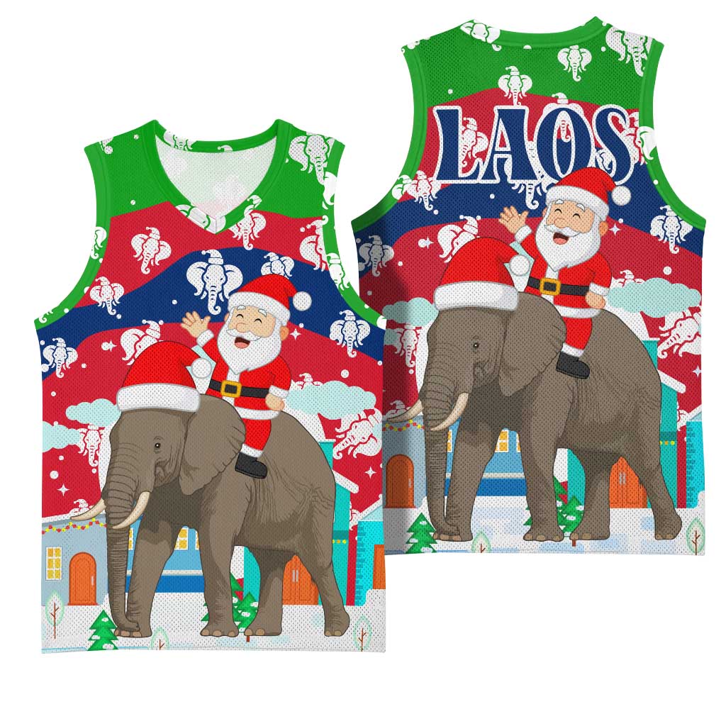 Laos Christmas Basketball Jersey with Santa Riding Elephant and Festive Flag Pattern - Wonder Print Shop