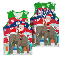 Laos Christmas Basketball Jersey with Santa Riding Elephant and Festive Flag Pattern - Wonder Print Shop