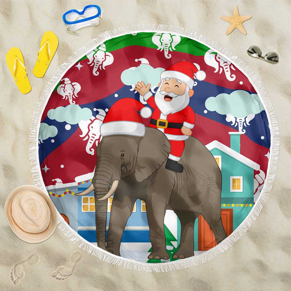 Laos Christmas Beach Blanket with Santa Riding Elephant and Festive Flag Pattern - Wonder Print Shop
