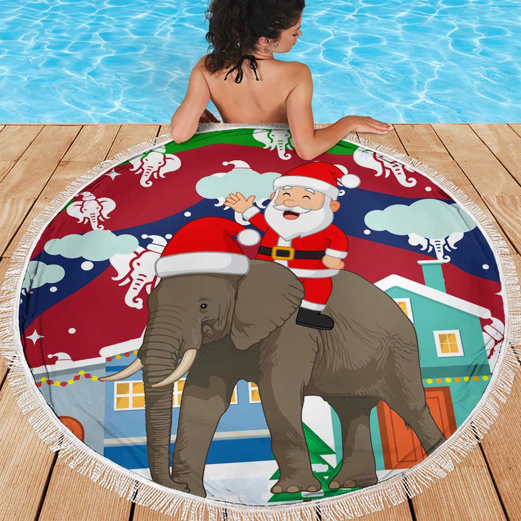 Laos Christmas Beach Blanket with Santa Riding Elephant and Festive Flag Pattern - Wonder Print Shop