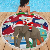 Laos Christmas Beach Blanket with Santa Riding Elephant and Festive Flag Pattern - Wonder Print Shop