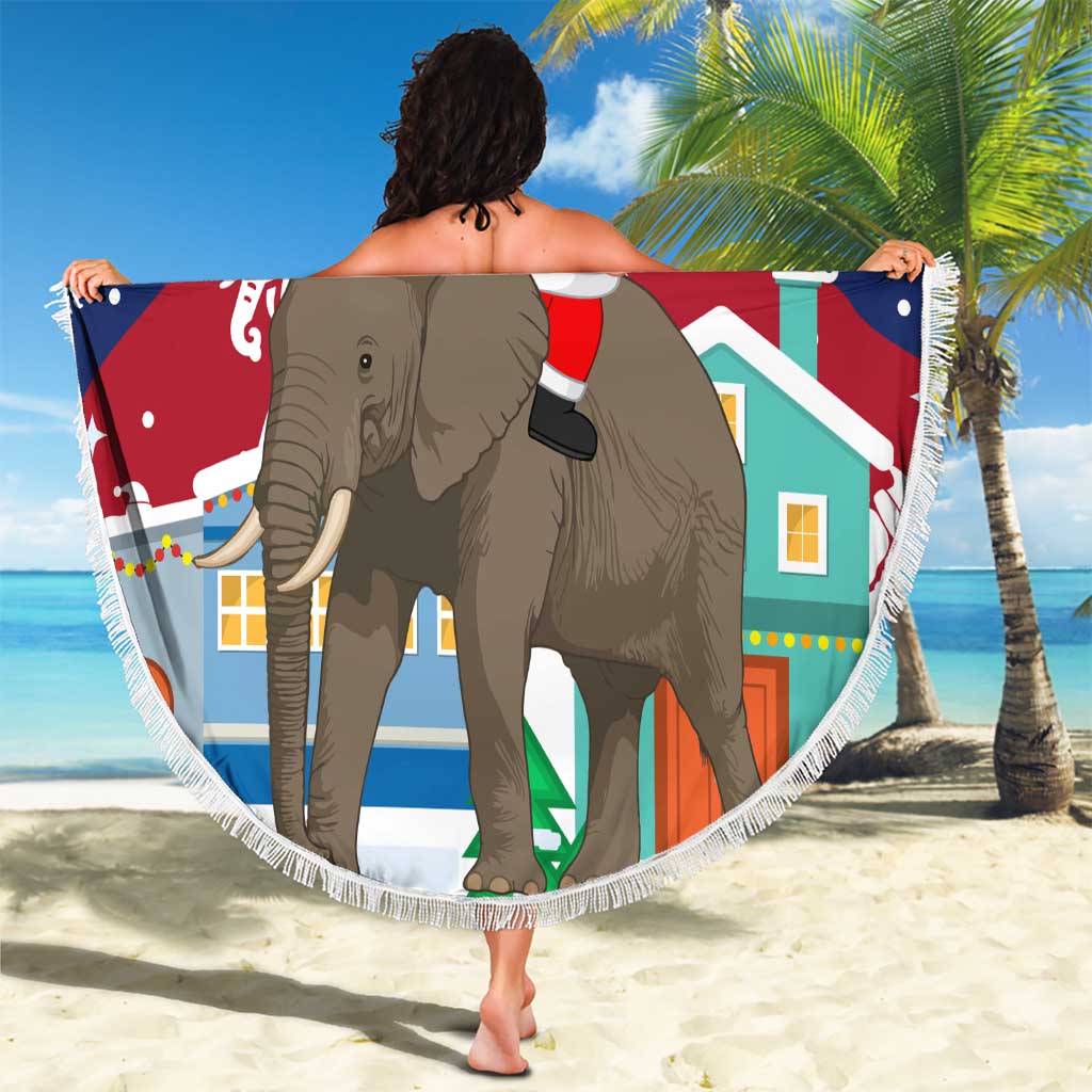 Laos Christmas Beach Blanket with Santa Riding Elephant and Festive Flag Pattern - Wonder Print Shop