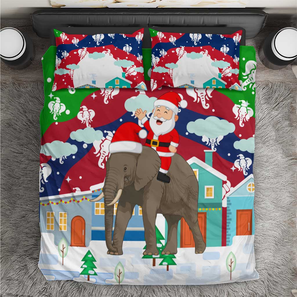 Laos Christmas Bedding Set with Santa Riding Elephant and Festive Flag Pattern - Wonder Print Shop