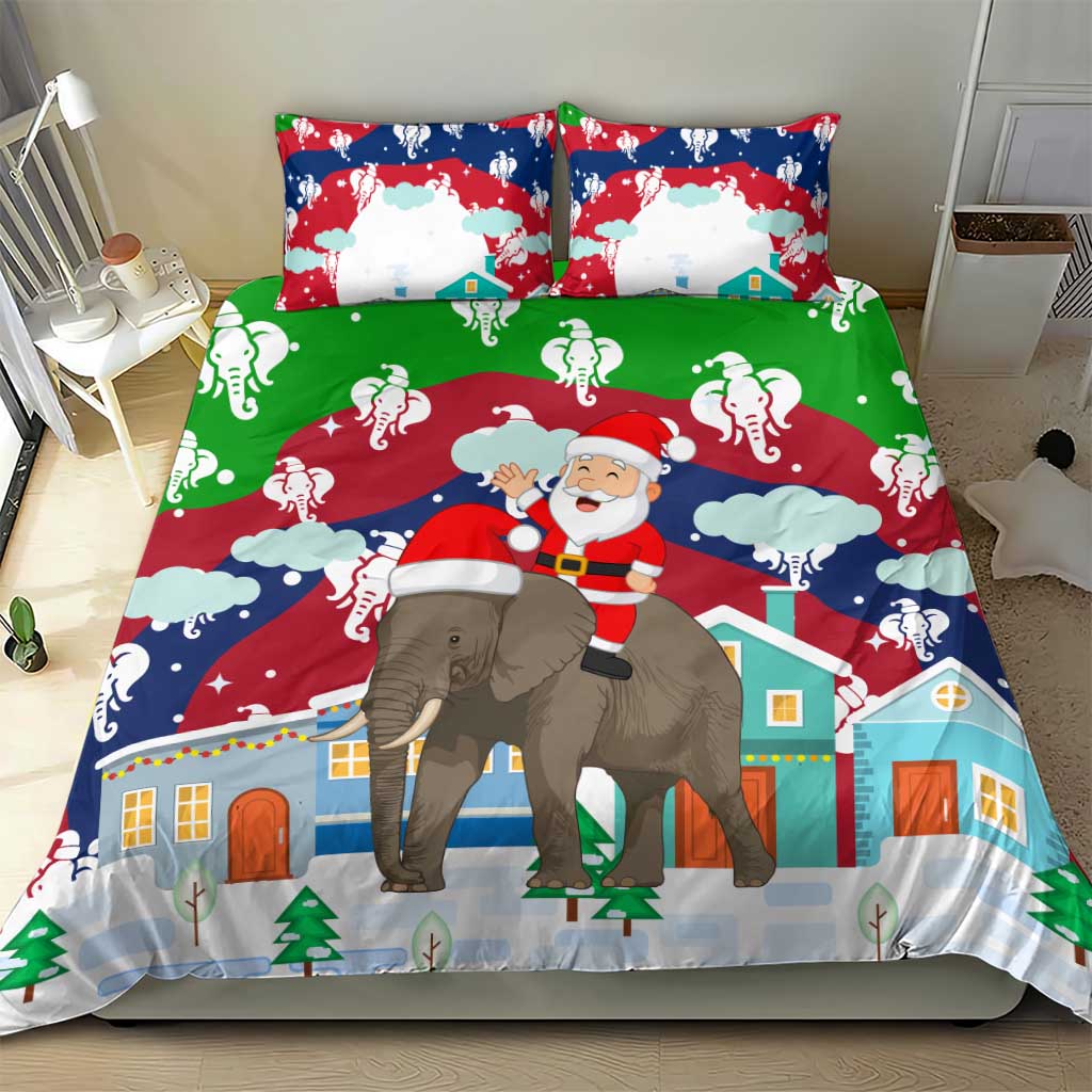 Laos Christmas Bedding Set with Santa Riding Elephant and Festive Flag Pattern - Wonder Print Shop