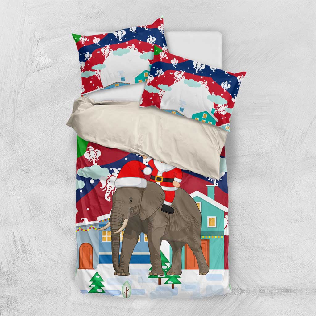Laos Christmas Bedding Set with Santa Riding Elephant and Festive Flag Pattern - Wonder Print Shop