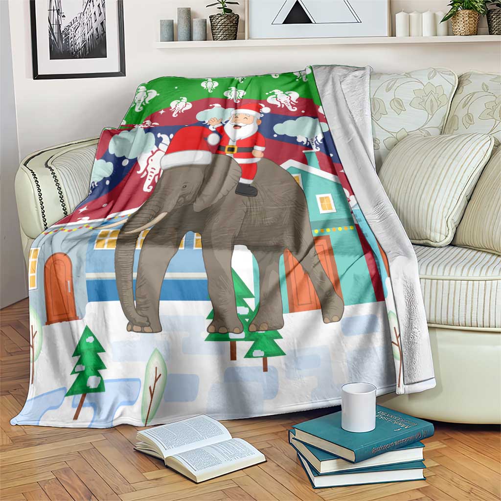 Laos Christmas Blanket with Santa Riding Elephant and Festive Flag Pattern - Wonder Print Shop