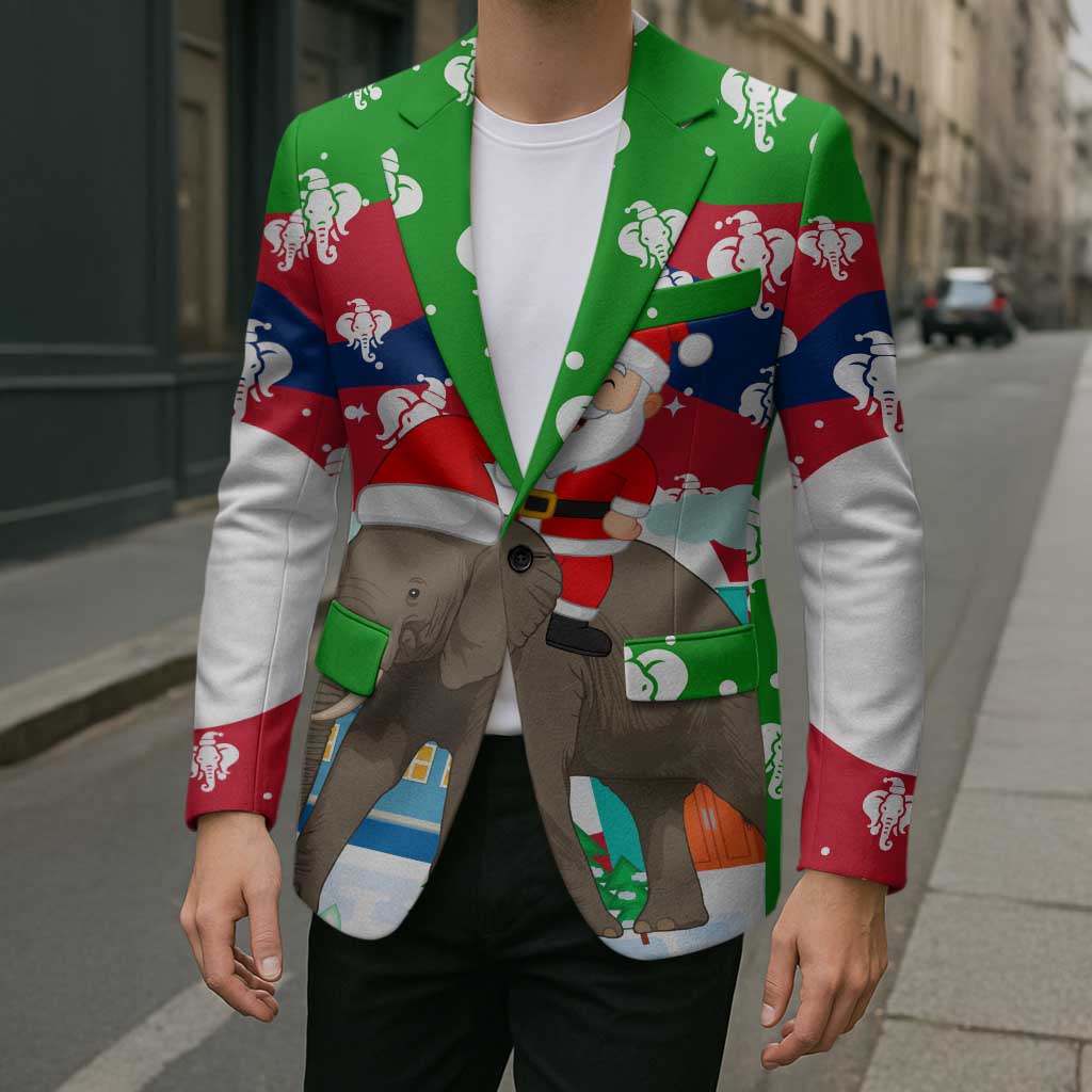 Laos Christmas Blazer with Santa Riding Elephant and Festive Flag Pattern - Wonder Print Shop