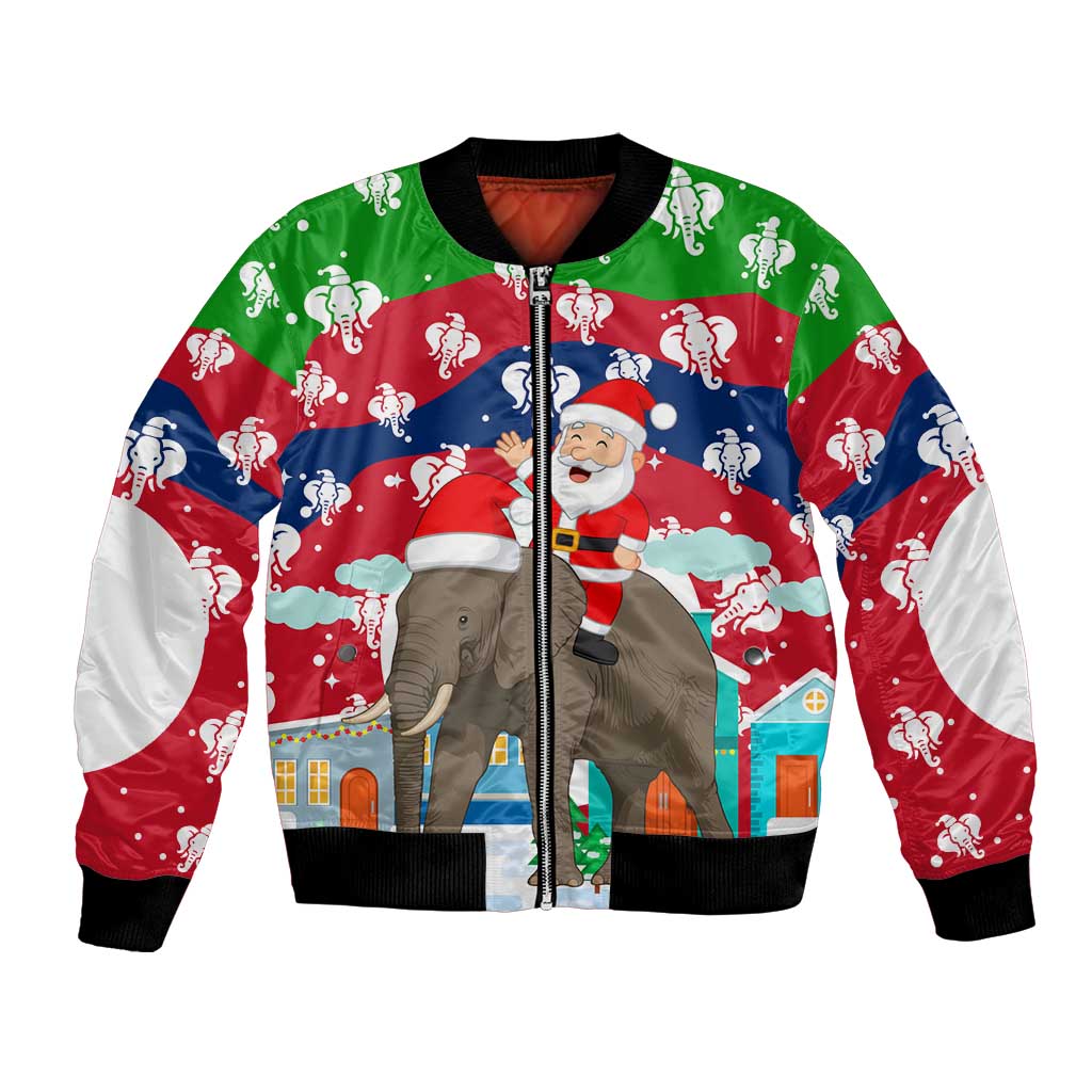 Laos Christmas Bomber Jacket with Santa Riding Elephant and Festive Flag Pattern - Wonder Print Shop