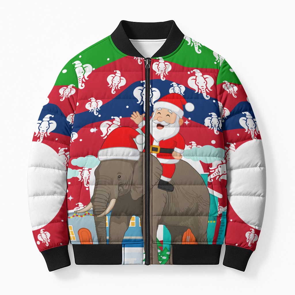 Laos Christmas Bomber Puffer Jacket with Santa Riding Elephant and Festive Flag Pattern - Wonder Print Shop