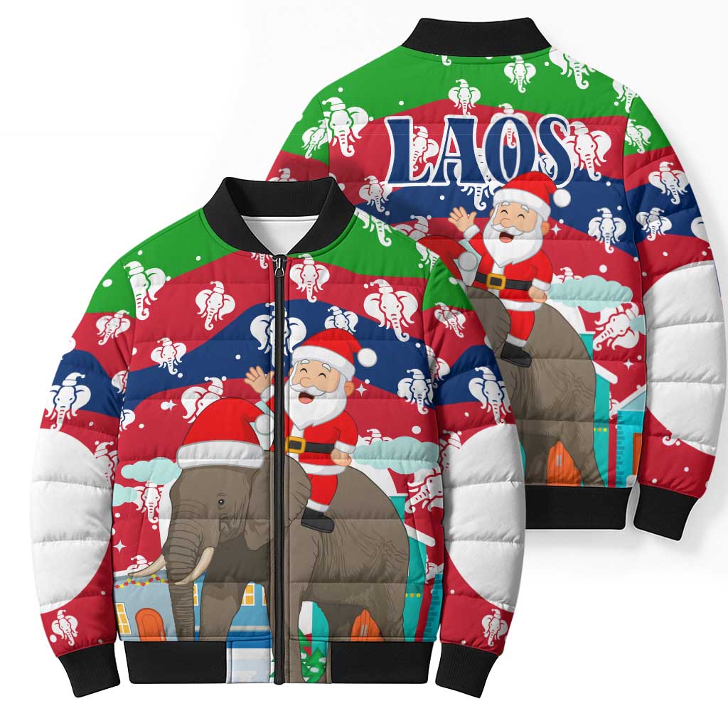 Laos Christmas Bomber Puffer Jacket with Santa Riding Elephant and Festive Flag Pattern - Wonder Print Shop