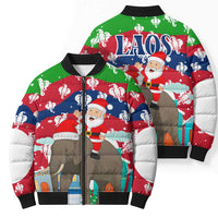 Laos Christmas Bomber Puffer Jacket with Santa Riding Elephant and Festive Flag Pattern - Wonder Print Shop